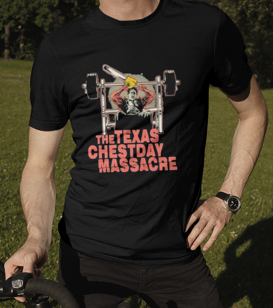 The Texas Chestday Massacre Horror Workout Characters Chainsaw Gym Scene T-Shirt