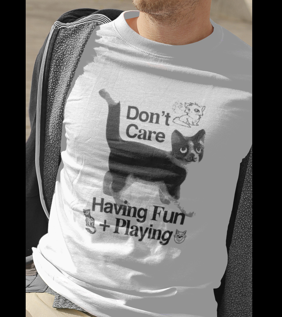 Don’t Care Having Fun Playing Cute Black Cat Sketch Art T-Shirt