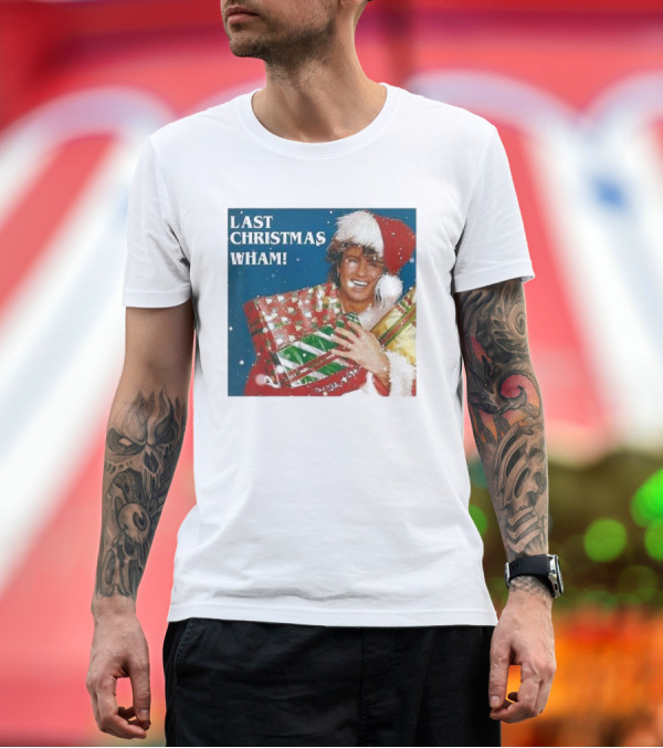 Premium T-Shirt: Last Christmas Wham George Michael Santa Hat Holding Gift T-Shirt Last Christmas Wham George Michael Santa Hat Holding Gift T-Shirt