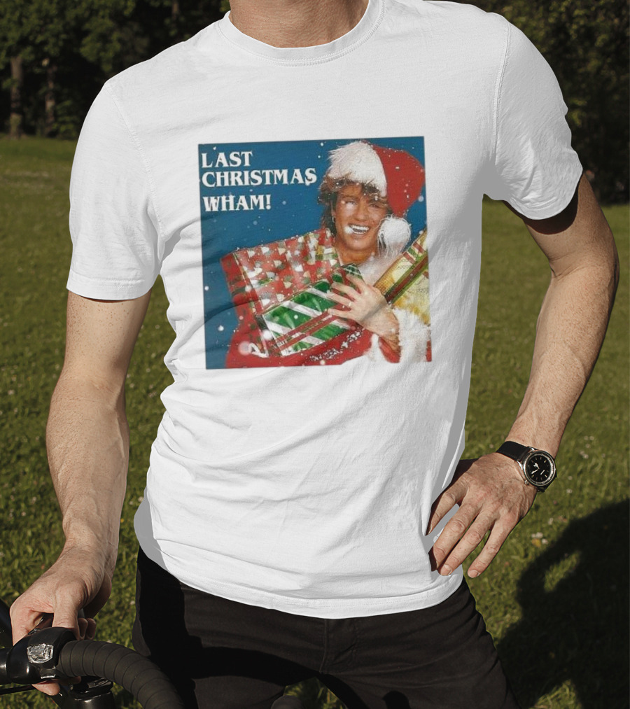Last Christmas Wham George Michael Santa Hat Holding Gift T-Shirt
