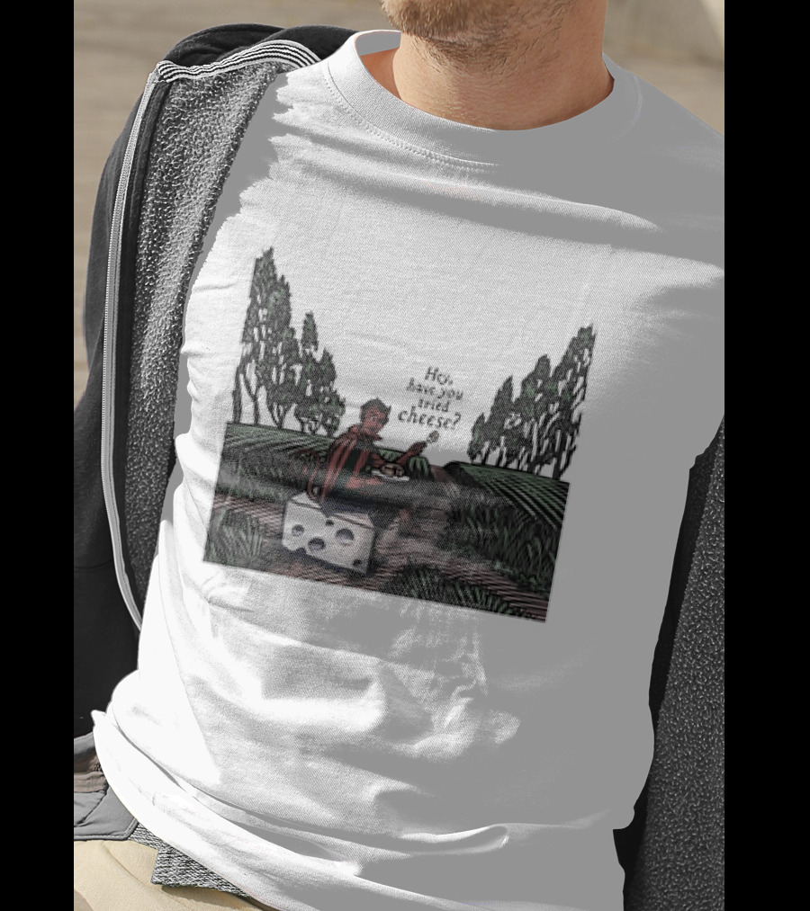 Devil Hey Have You Tried Cheese Sitting On Large Cheese Block In Countryside Scene T-Shirt