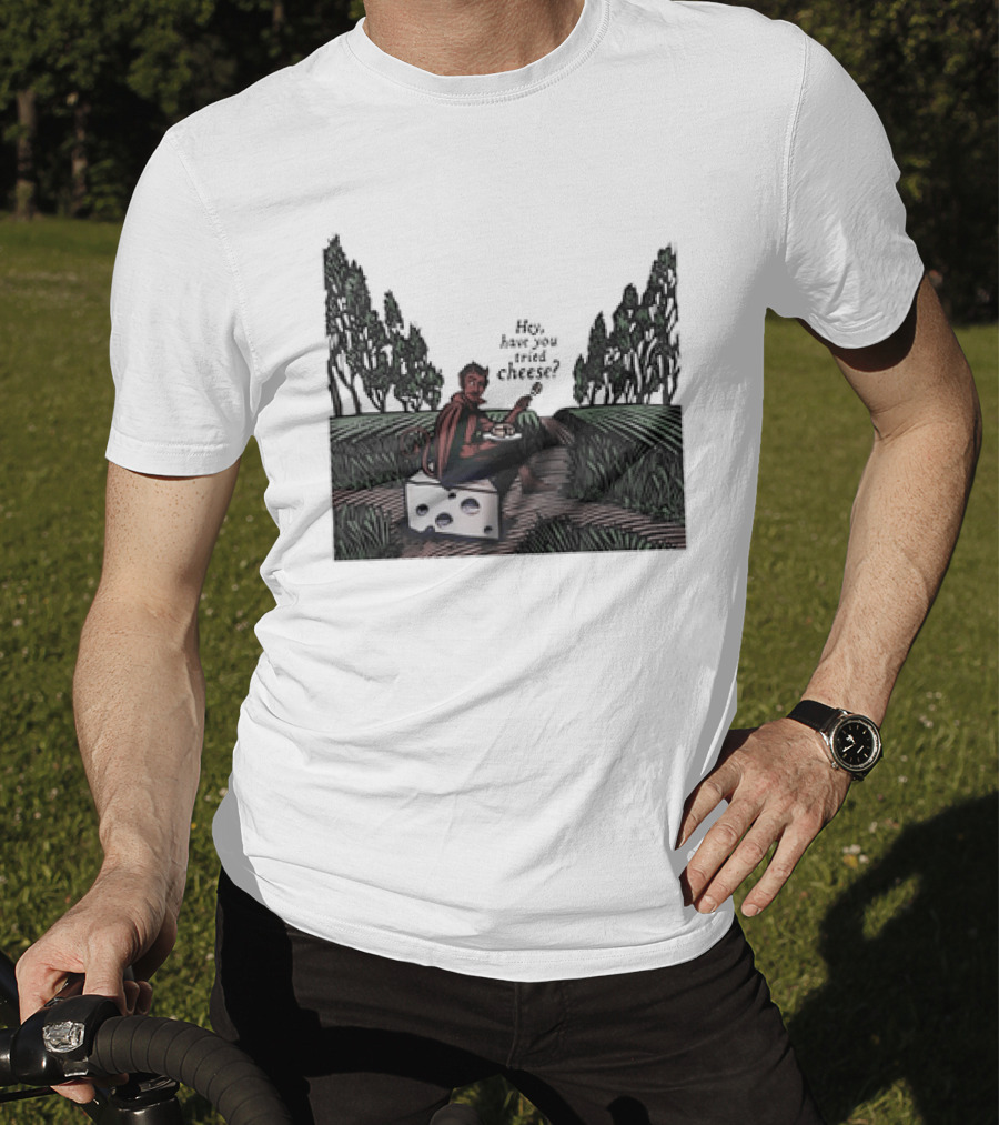 Devil Hey Have You Tried Cheese Sitting On Large Cheese Block In Countryside Scene T-Shirt