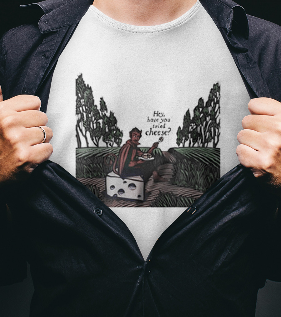 Devil Hey Have You Tried Cheese Sitting On Large Cheese Block In Countryside Scene T-Shirt