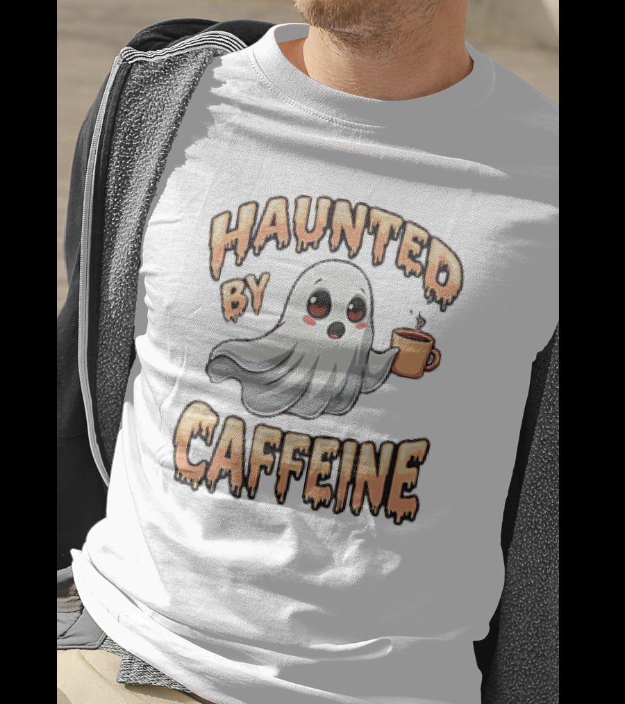 Haunted By Caffeine Ghost Holding Coffee Cup T-Shirt