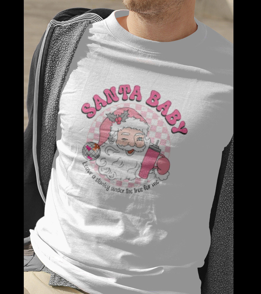 Santa Baby Leave A Stanley Under The Tree For Me Retro Groovy Pink Checkered Cartoon T-Shirt