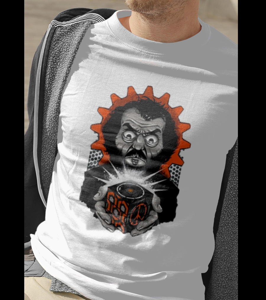 Stanley Kubrick Holding Glowing Cube With Orange Cogs And Geometric T-Shirt