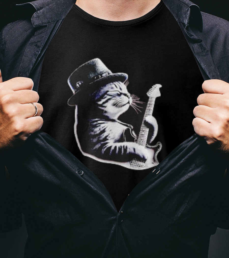 Cat Playing Guitar Funny Rock Music Guitar Cat T-Shirt