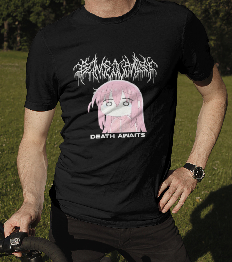Bocchi The Rock Death Awaits Metal Style Art With Pink-Haired Character T-Shirt