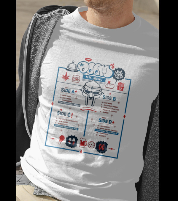 Mf Doom Doom's Diner MM..Food Menu Featuring Beef Rapp And Rap Snitch Knishes T-Shirt