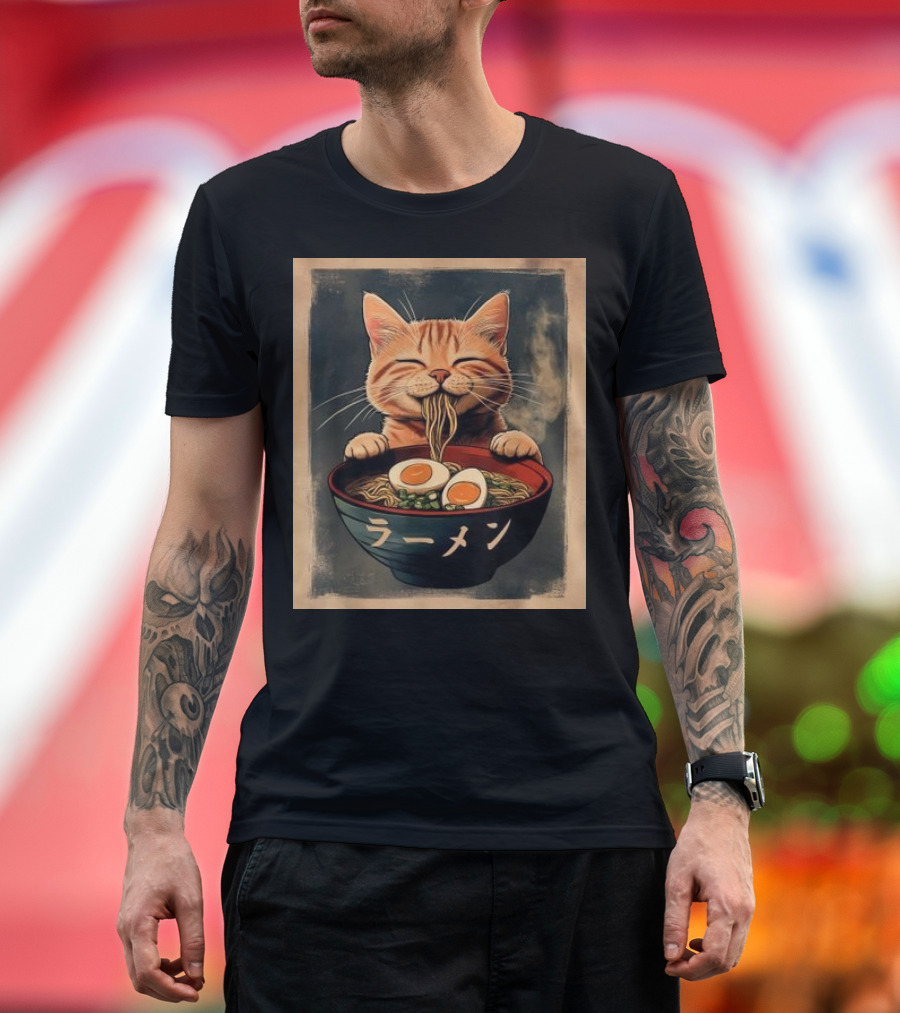 Cat Eating Ramen Kawaii Anime Japanese T-Shirt