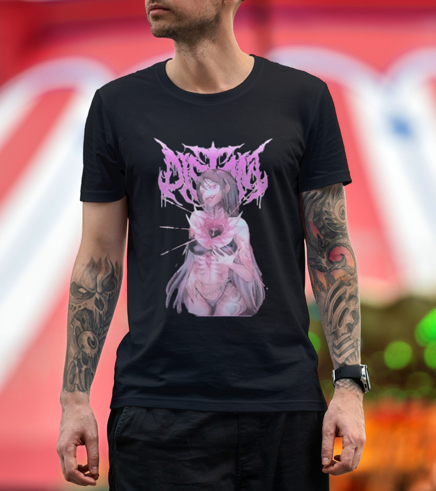 Distant Pink Anime Character with Heart Tattoo T-Shirt
