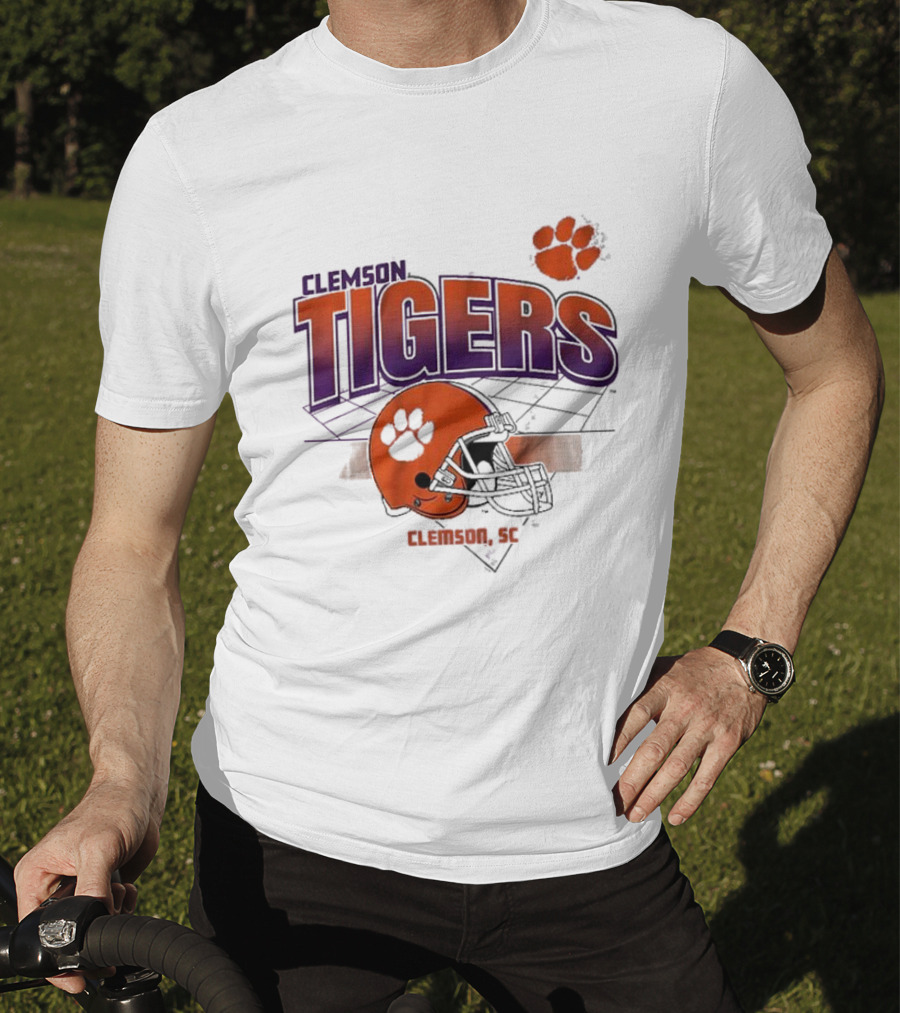 Clemson Tigers Football Helmet Logo Clemson SC Grid Paw Prints T-Shirt