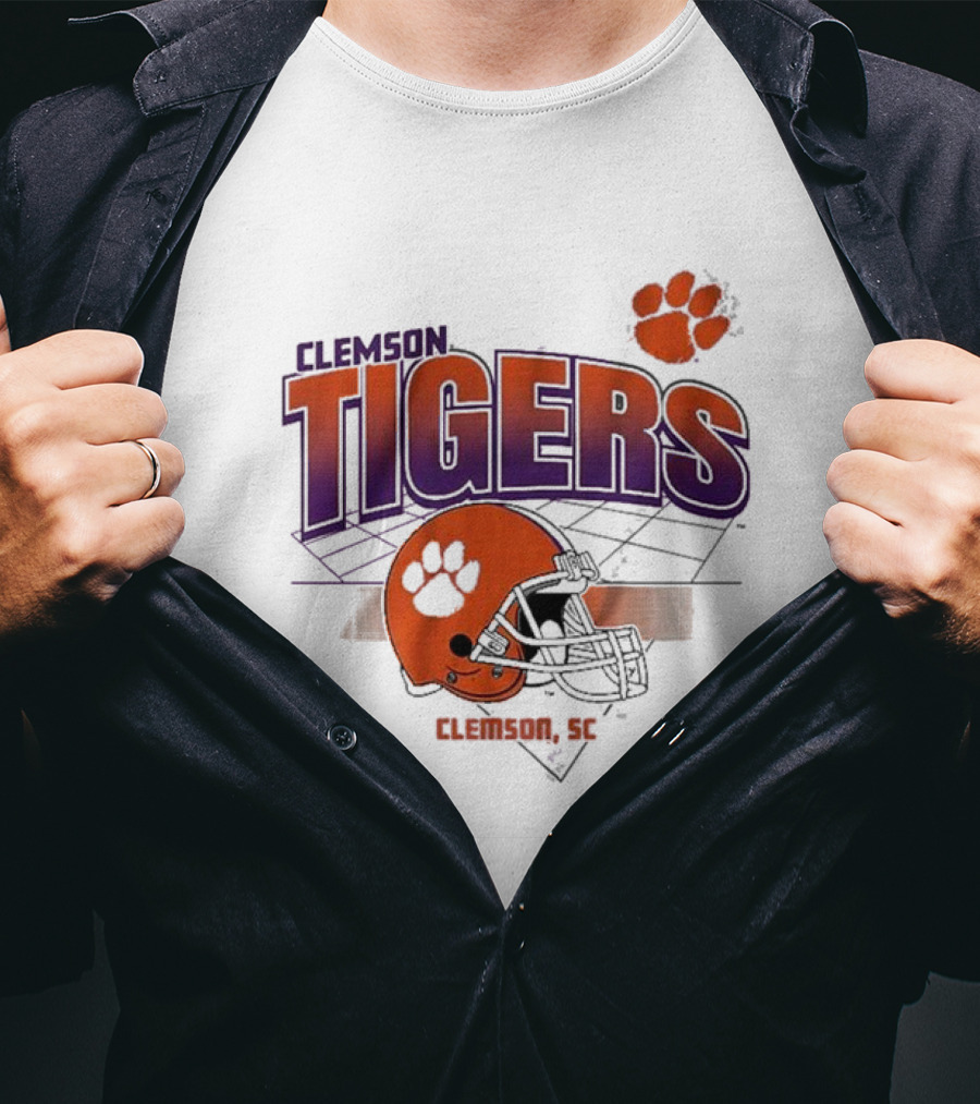 Clemson Tigers Football Helmet Logo Clemson SC Grid Paw Prints T-Shirt
