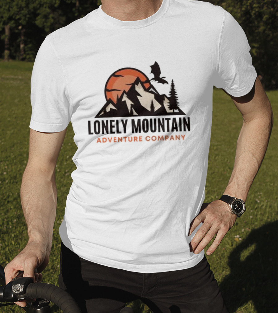 Lonely Mountain Adventure Company Dragon And Sunset Mountain Scene T-Shirt