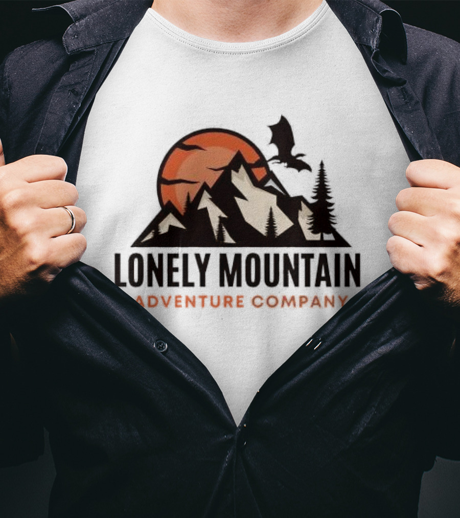 Lonely Mountain Adventure Company Dragon And Sunset Mountain Scene T-Shirt
