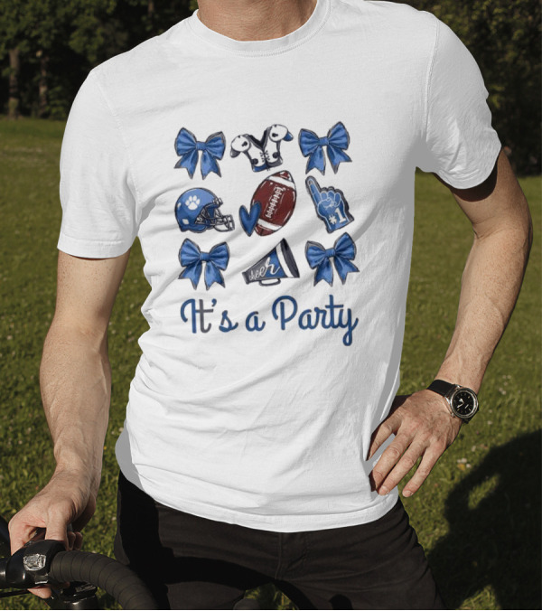 The Gameday Croquette It’s A Party 2024 Football Helmets Cheer Bows Megaphone Pom Pom Number One Foam Finger T-Shirt