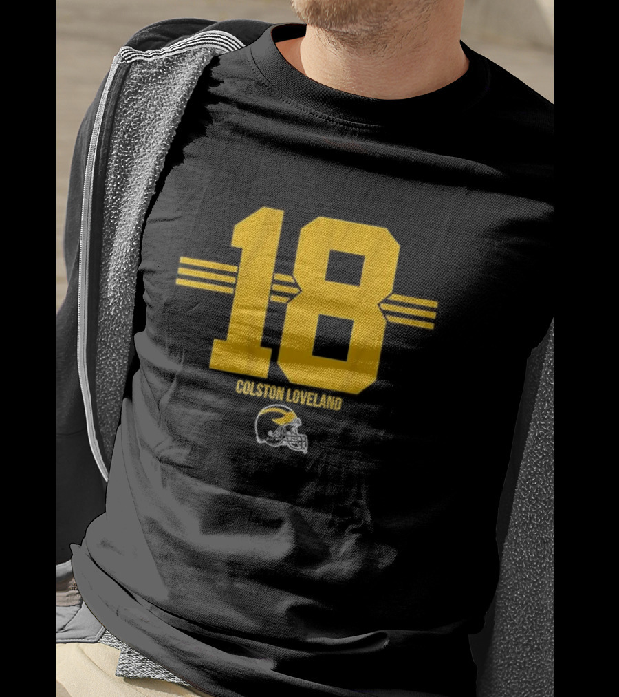 Colston Loveland 18 Michigan Football Helmet Stripe T-Shirt