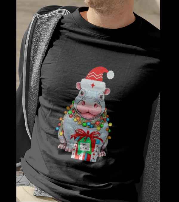 Moo Deng Merry Christmas Lights Tree Santa Hippo With Gift T-Shirt