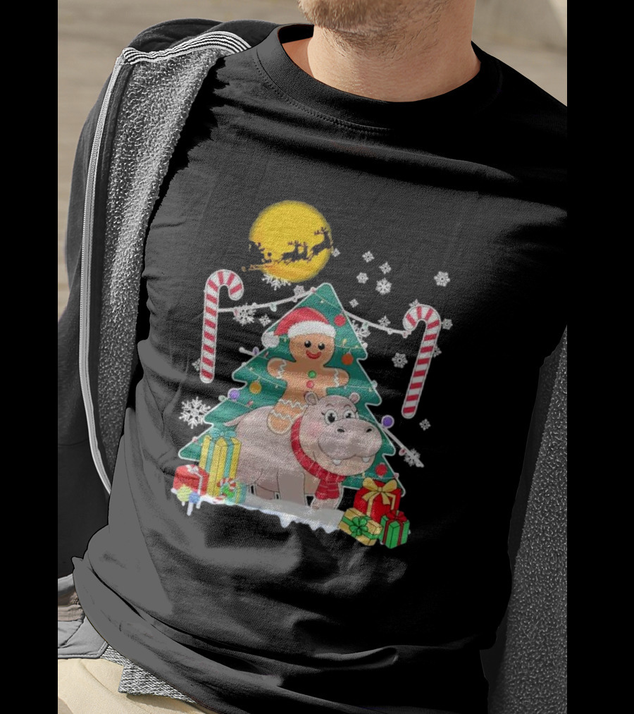 Santa Gingerbread Riding Hippo Christmas Candy Canes Snowflake Christmas Tree T-Shirt