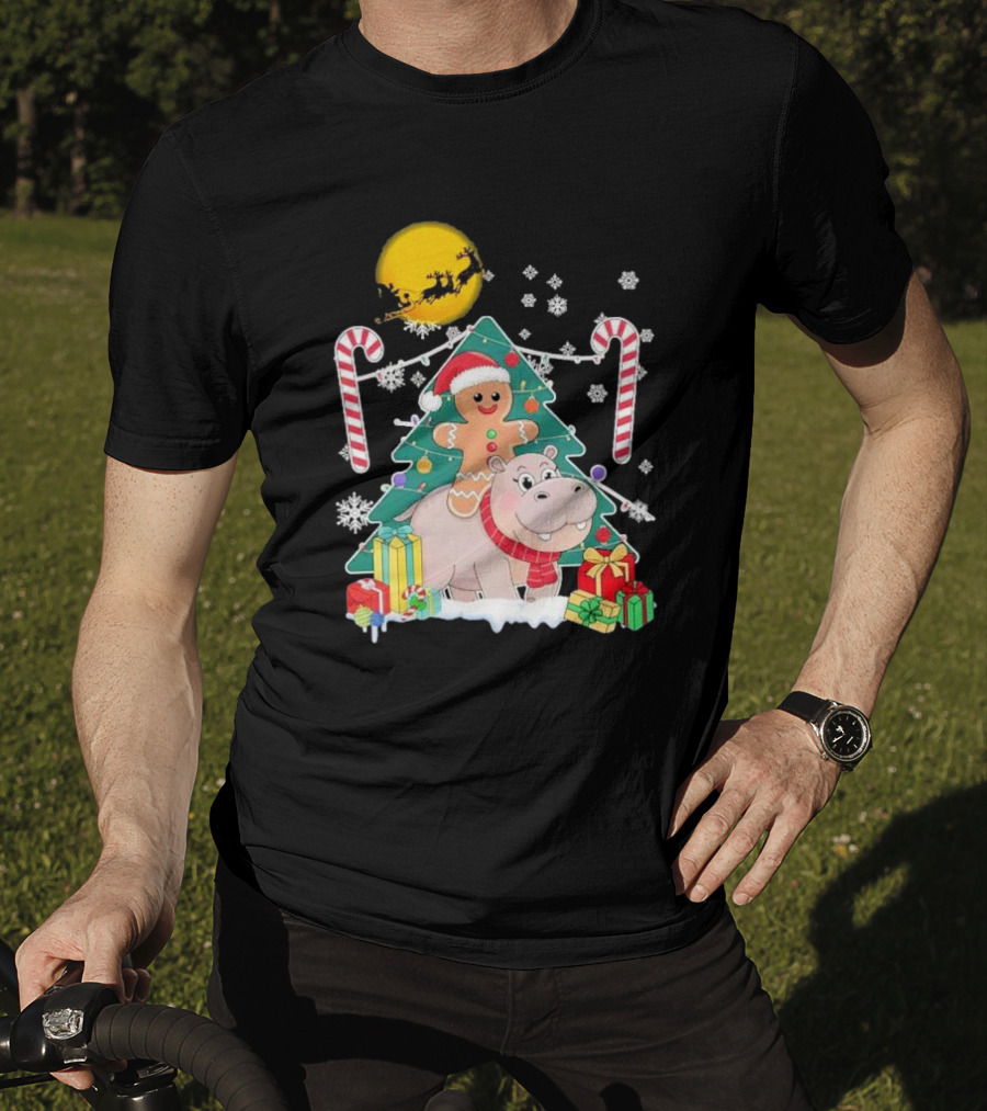 Santa Gingerbread Riding Hippo Christmas Candy Canes Snowflake Christmas Tree T-Shirt
