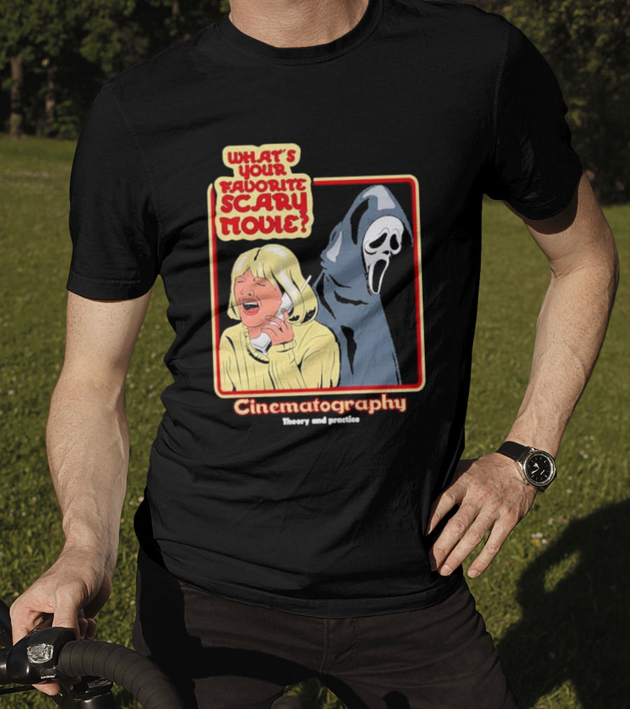 What’s Your Favorite Scary Movie Cinematography Theory And Practice Ghost Mask Girl On Phone T-Shirt