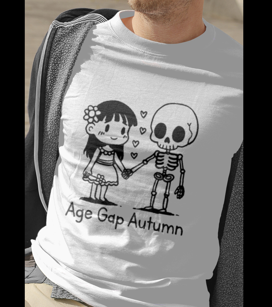 Age Gap Autumn Girl And Skeleton Holding Hands With Hearts T-Shirt