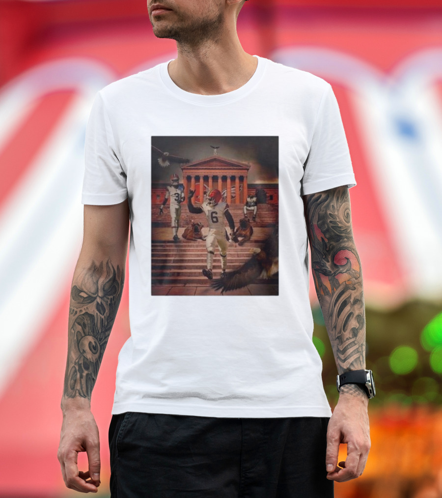 Cleveland Browns Vs. Philadelphia Eagles 2024 NFL Week 6 Showdown at Iconic Landmark with Eagles and Football Players T-Shirt