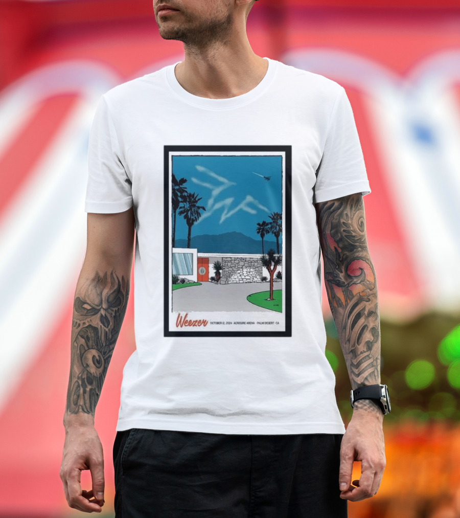 Weezer October 12 2024 Acrisure Arena Palm Desert CA Desert Scene with Jet and Palm Trees T-Shirt