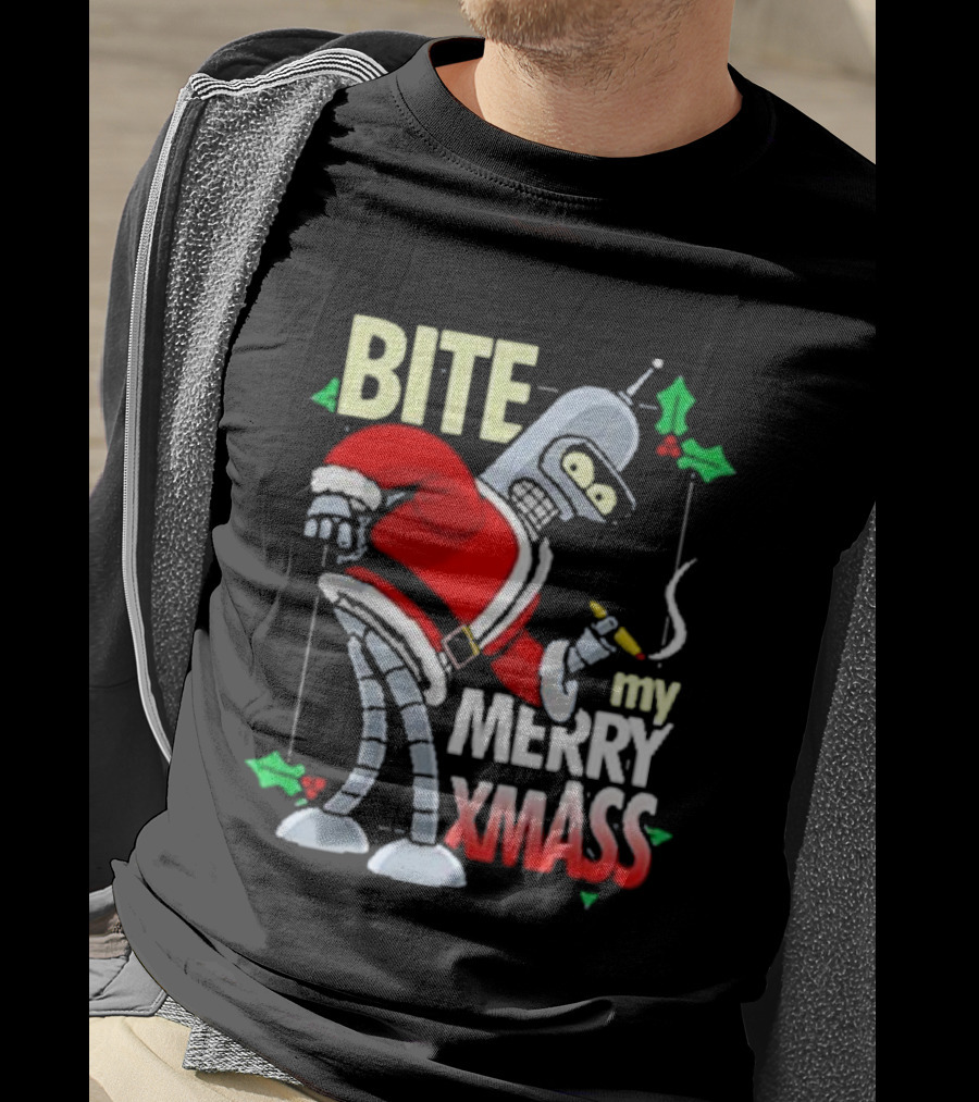 Bite My Merry Xmass Santa Robot Smoking Cigar T-Shirt
