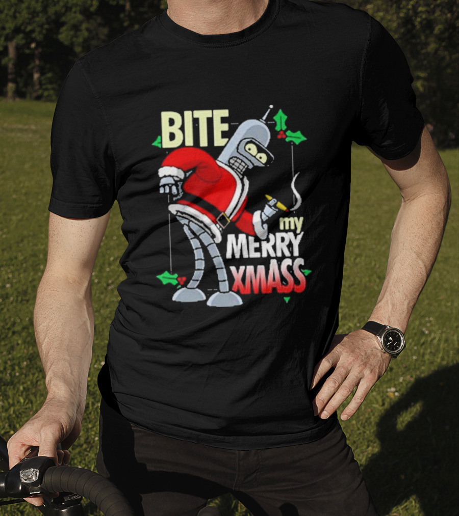 Bite My Merry Xmass Santa Robot Smoking Cigar T-Shirt