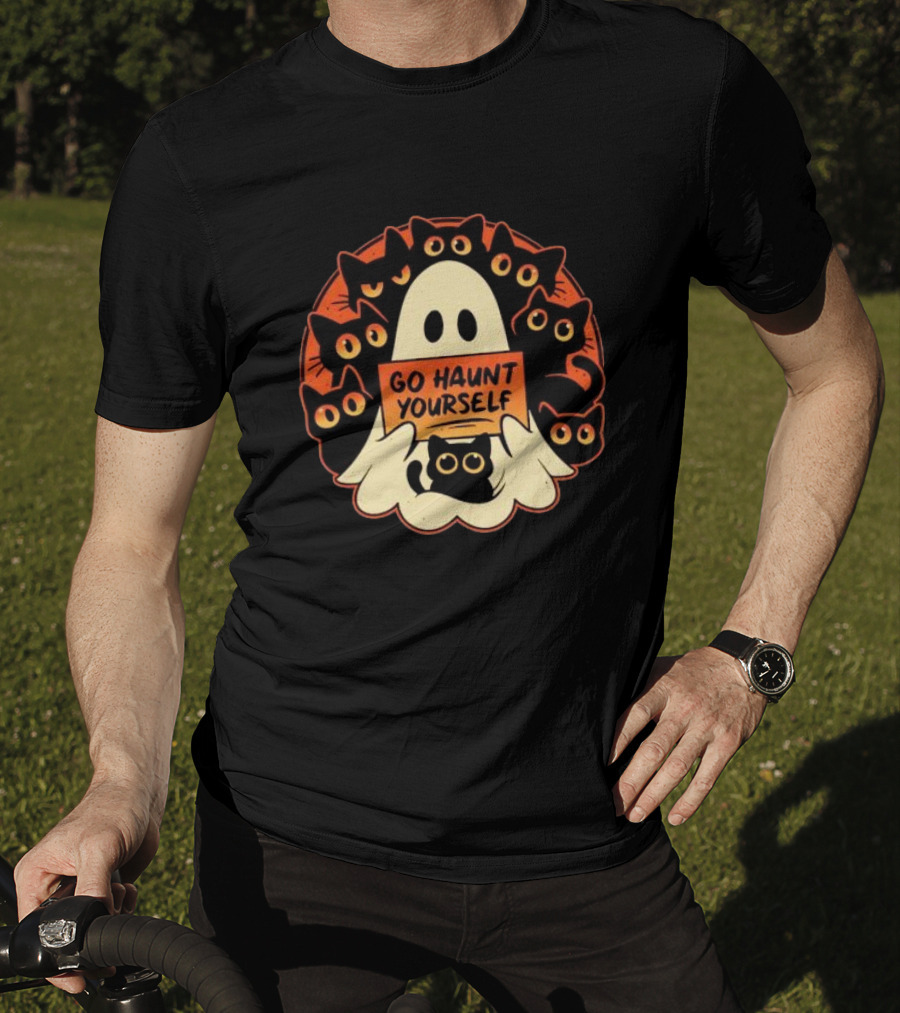 Go Haunt Yourself Ghost Surrounded By Black Cats Lucy Felthouse T-Shirt