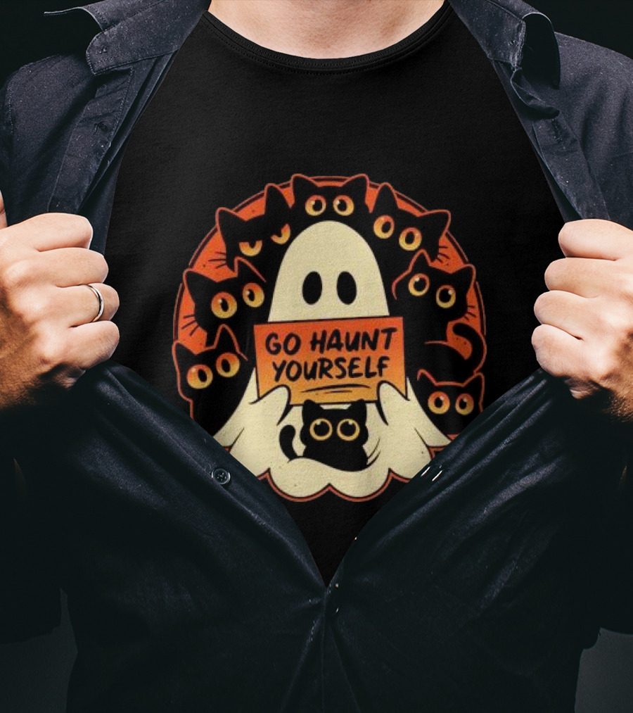 Go Haunt Yourself Ghost Surrounded By Black Cats Lucy Felthouse T-Shirt