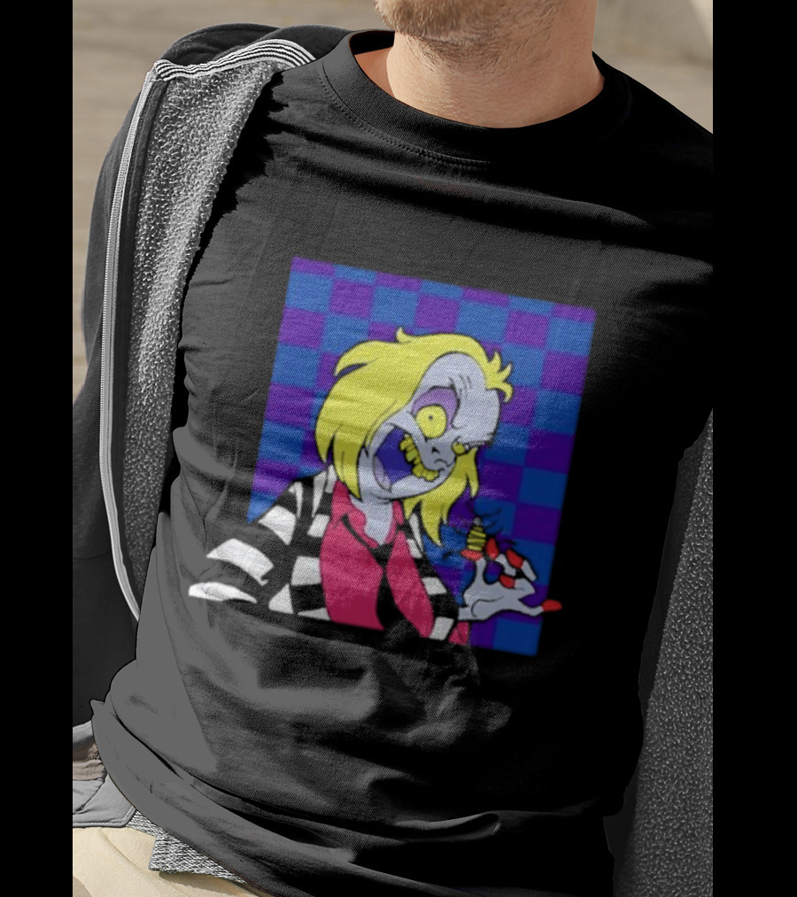 Pan Pizza Beetlejuice Cartoon Checkered Background T-Shirt