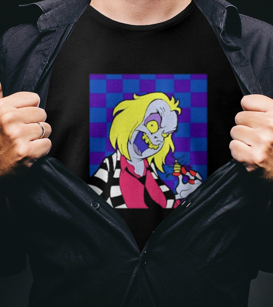 Pan Pizza Beetlejuice Cartoon Checkered Background T-Shirt