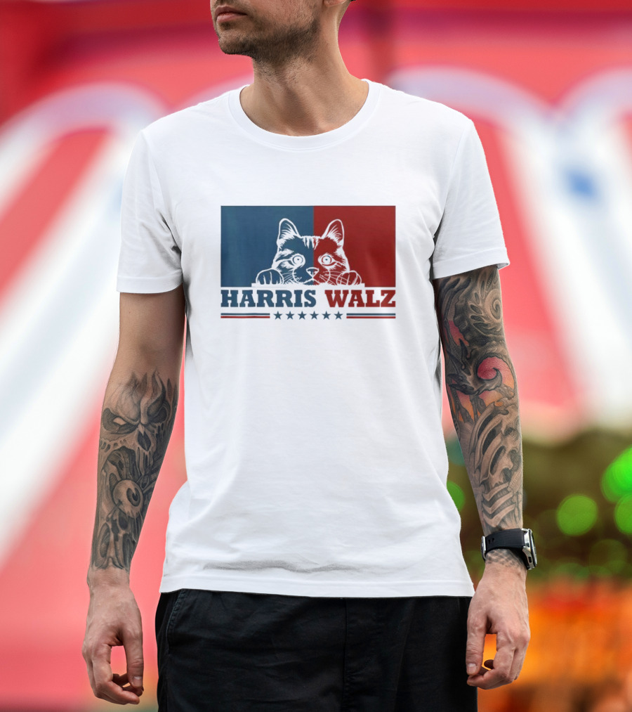 Harris Walz 2024 Cat Election Kamala Harris Tim Walz Blue Red Political T-Shirt