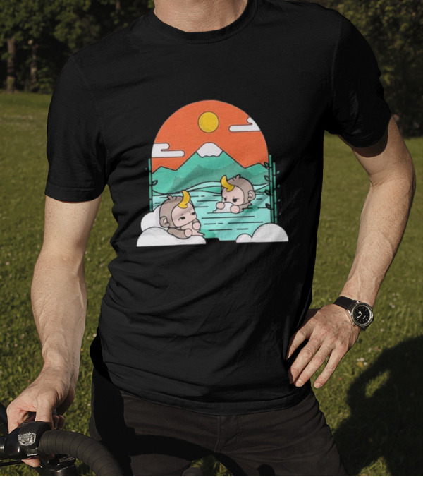 Cdawgva Tranquil Monkeys In Hot Springs With Mountains And Sunset T-Shirt