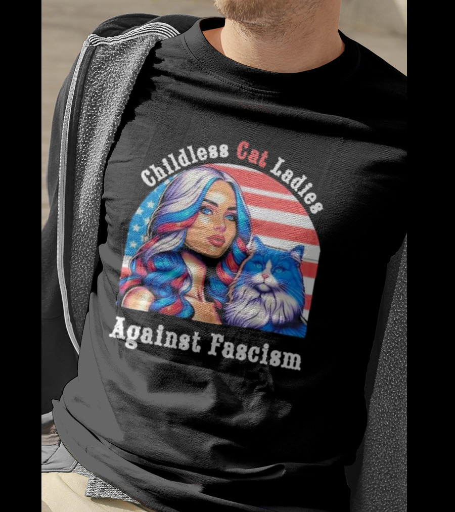 Childless Cat Ladies Against Fascism American Flag Woman And Blue Cat T-Shirt