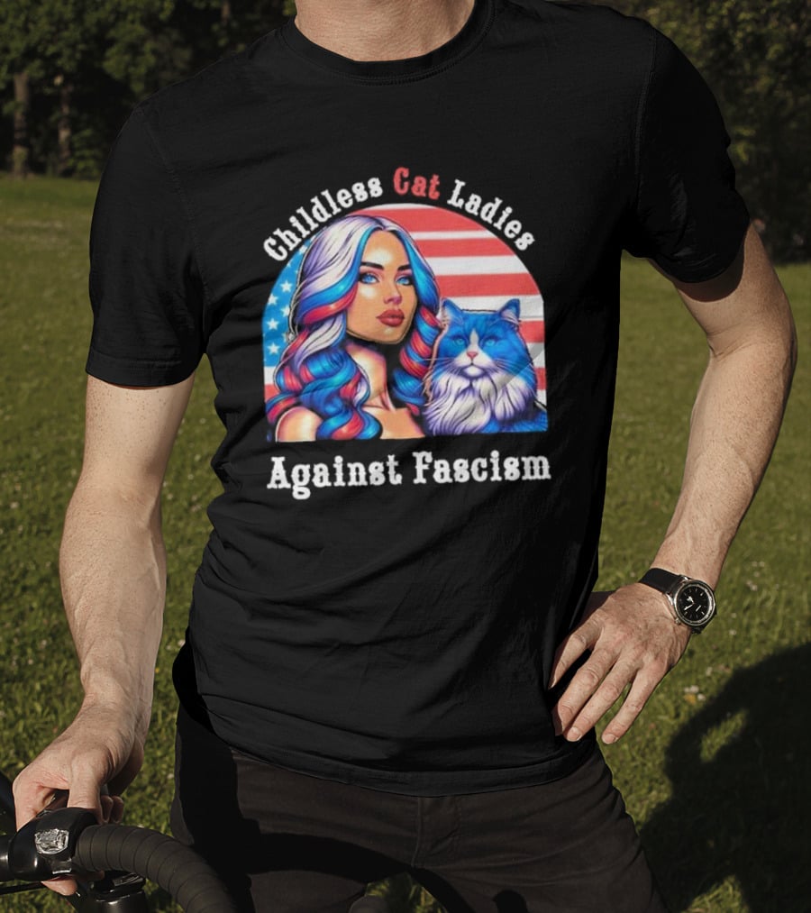 Childless Cat Ladies Against Fascism American Flag Woman And Blue Cat T-Shirt