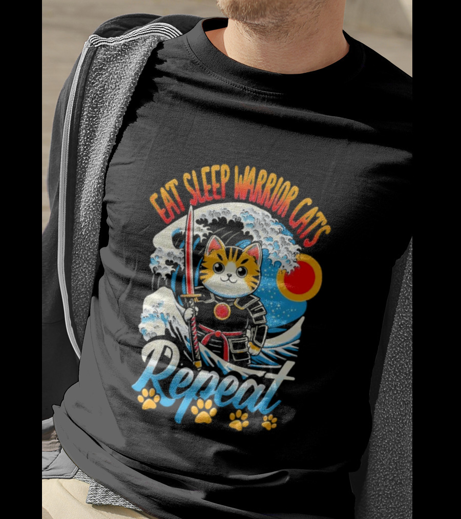 Eat Sleep Warrior Cats Repeat Great Wave Samurai Cat T-Shirt