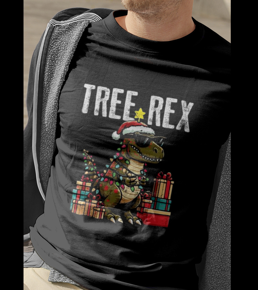Christmas Dinosaur Tree Rex Xmas Trex Santa Hat And Presents T-Shirt