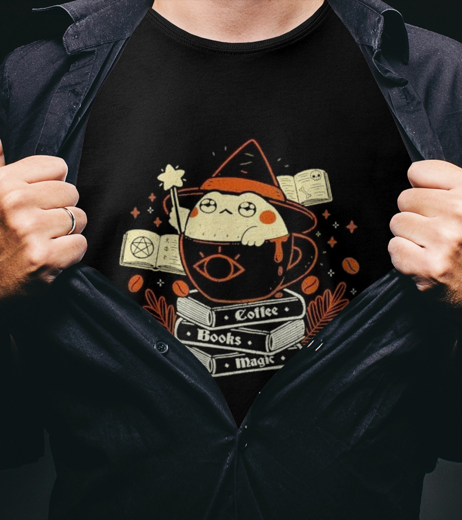 Coffee Books Magic Caffeinated Caster Wizard Tea Cup Enchantment T-Shirt