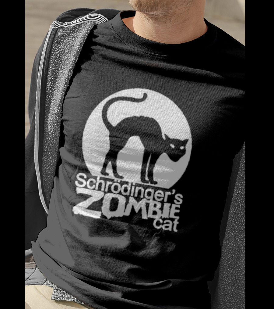 Schrodinger's Zombie Cat Black Silhouette With Round Moon Background T-Shirt