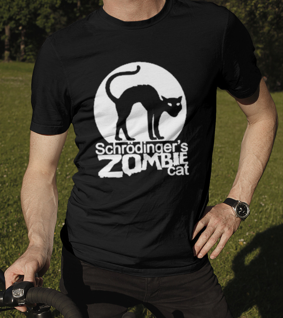 Schrodinger's Zombie Cat Black Silhouette With Round Moon Background T-Shirt