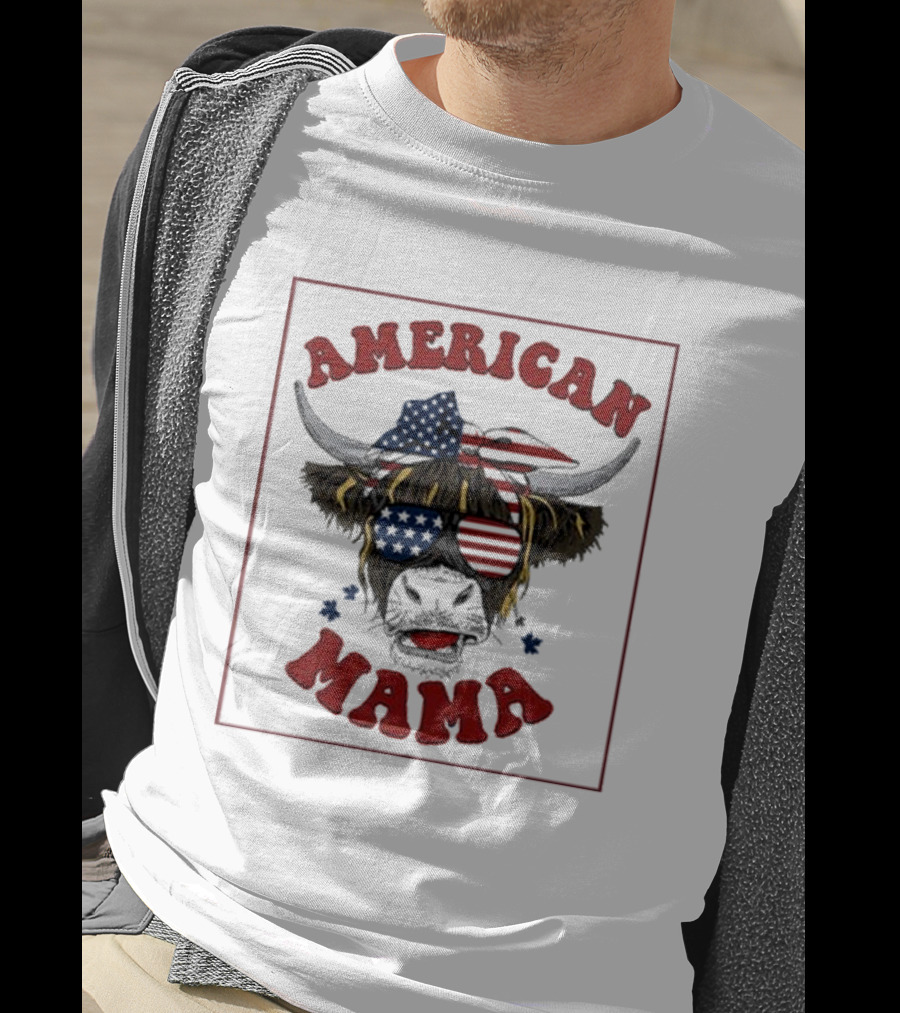 American Mama Cow Patriotic Flag Bandana And Glasses T-Shirt