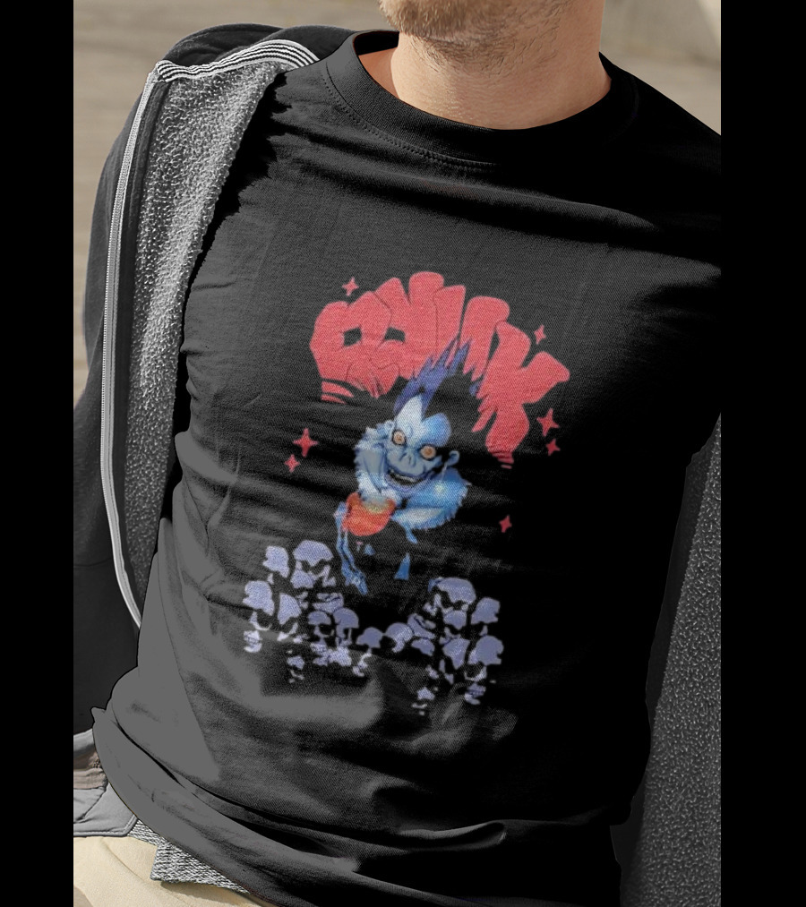 Death Note Ryuk Skull Puff Print Character With Red Spiked Lettering And Skulls T-Shirt