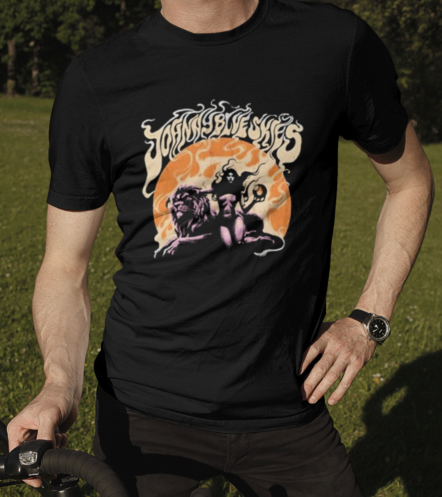 Johnny Blue Skies Sorceress With Lion Orange Background T-Shirt