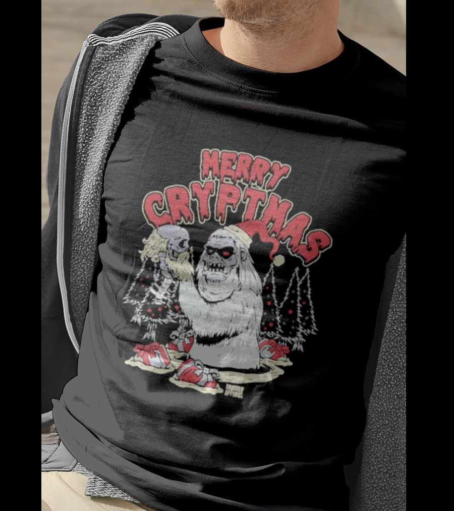 Merry Cryptmas Yeti Skull Santa Dark Humor T-Shirt