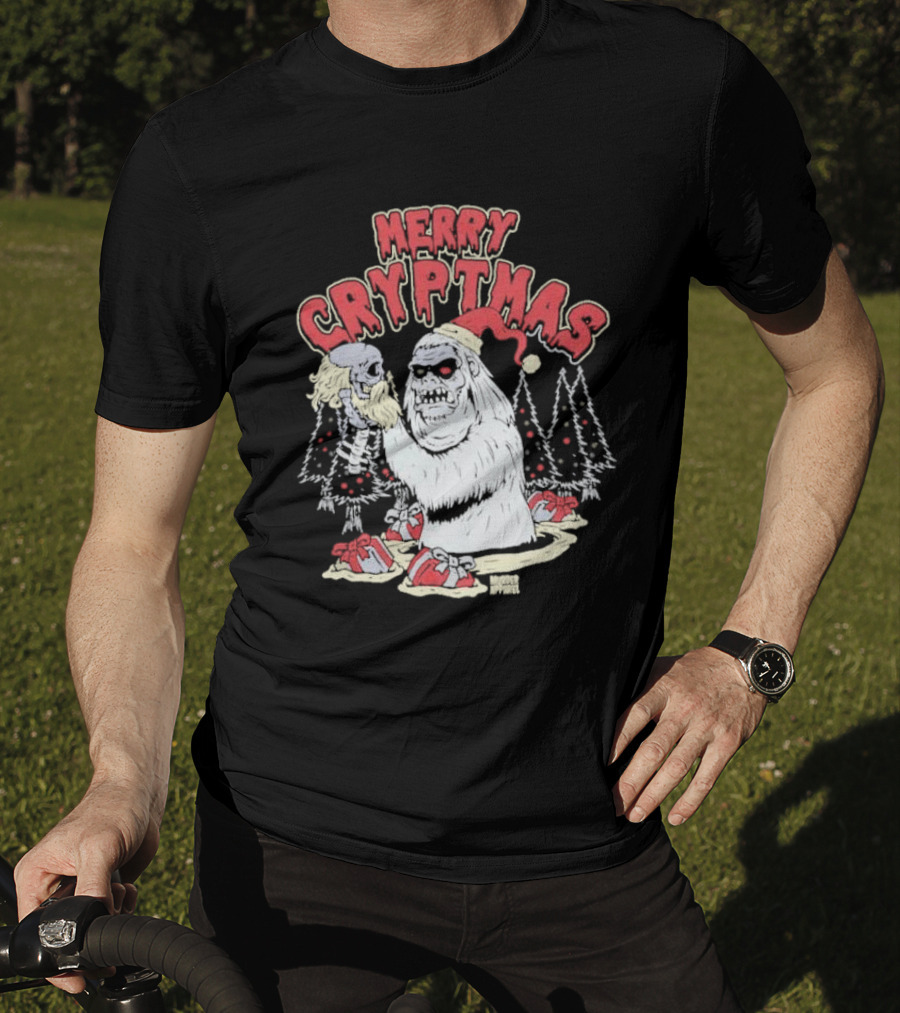 Merry Cryptmas Yeti Skull Santa Dark Humor T-Shirt