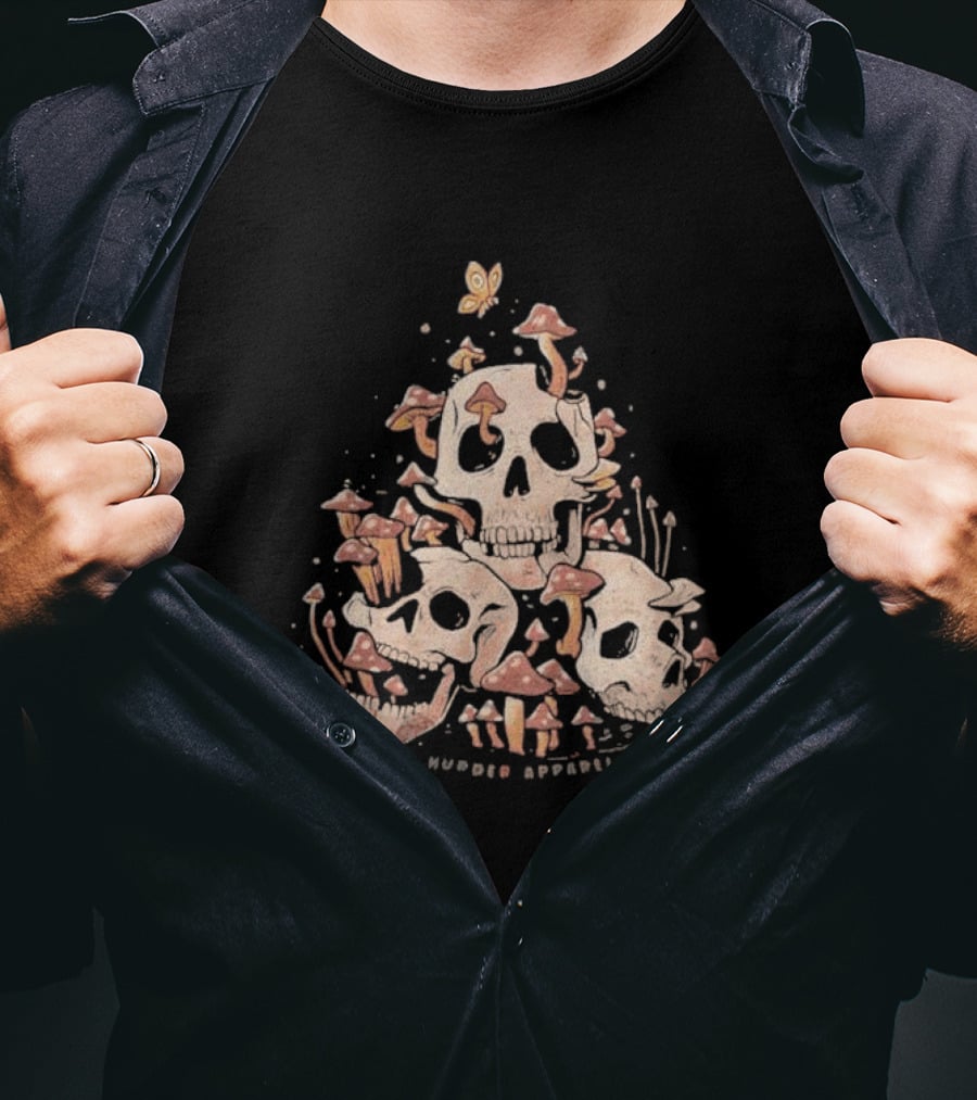 Skulls And Fungi Mushroom Murder Butterfly T-Shirt