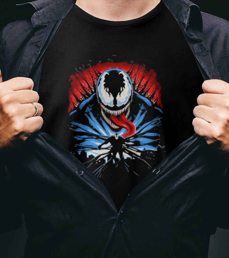 Venom Anti Hero Symbiote Red And Blue Cityscape Iconic T-Shirt
